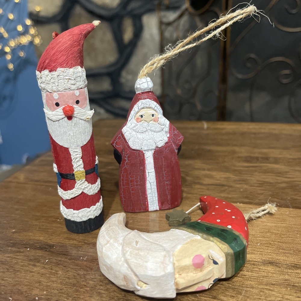 Lot Of 3 Santa Christmas Ornaments Wood , Papier-Mâché Santa Moon & Star Hanging